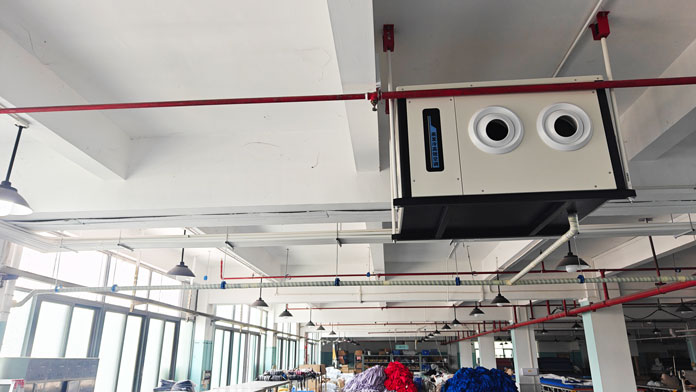 制衣廠整體制冷降溫，應用蒸發(fā)冷省電空調(diào)-臥式射流機組