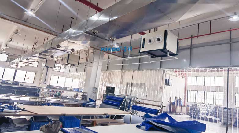 紡織廠生產(chǎn)車間整體制冷降溫，應(yīng)用蒸發(fā)冷省電空調(diào)- 臥式射流機(jī)